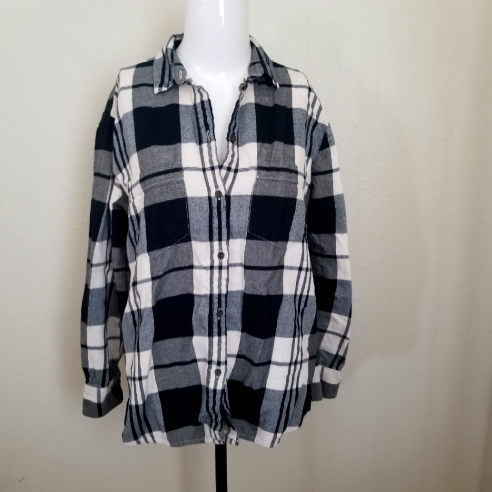 Madewell Women's Flannel Shirt Sz X Black White Gray Plaid Button Up Long Sleeve